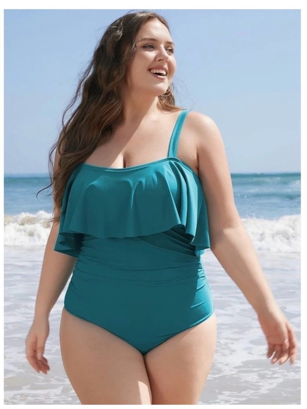 BloomChic Teal Off-Shoulder Ruffle Swim Suit Plus‎ Size 30W